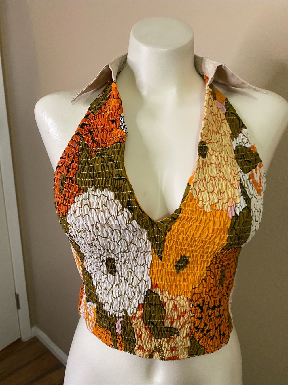 Milk & Honey orange Floral Smocked Crop collared boho halter Top M